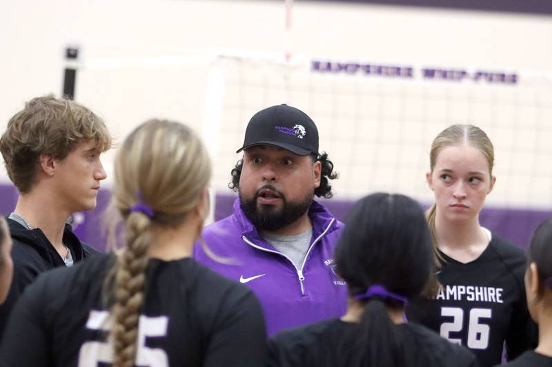 Hampshire’s Head Coach Omar Cortez leads the Whip-Purs against Prairie Ridge in varsity girls volleyball at Hampshire High School in Hampshire on Tuesday, Sept. 2, 2025.