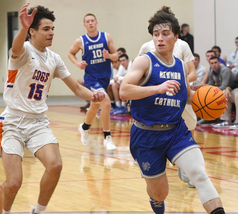 Sterling Newman's Garret Matznick drives to the basket against Genoa-Kingston at the Oregon Boys Basketball Thanksgiving Tournament on Wednesday, Nov. 26, 2025 at Oregon High School.
