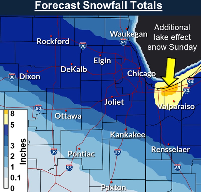 A National Weather Service forecast map shows expected snowfall totals Saturday night and Sunday morning for much of northern Illinois.