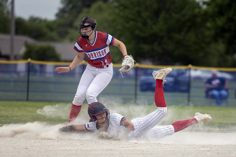 Fulton’s Kerby Germann slides in safe at second against Morrison’s Peyton Lowery Friday, May 22, 2026, at the Class 1A softball regional at Newman High School.