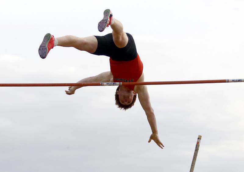 Sandwich’s Jacob Ross pole vaults during the Kishwaukee River Conference Boys Track and Field Meet on Tuesday, May 12, 2026, at Johnsburg High School.