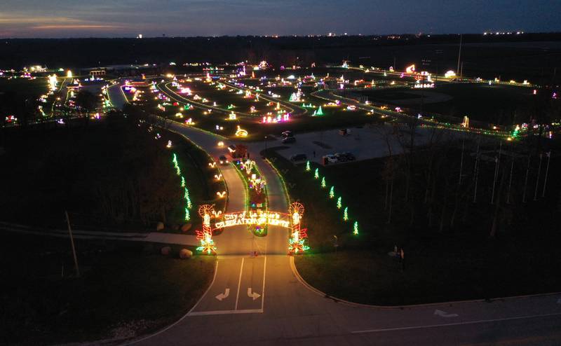 The entrance to the City of La Salle's Celebration of Lights illuminates from the air on Nov. 16, 2021 at Rotary Park in La Salle.