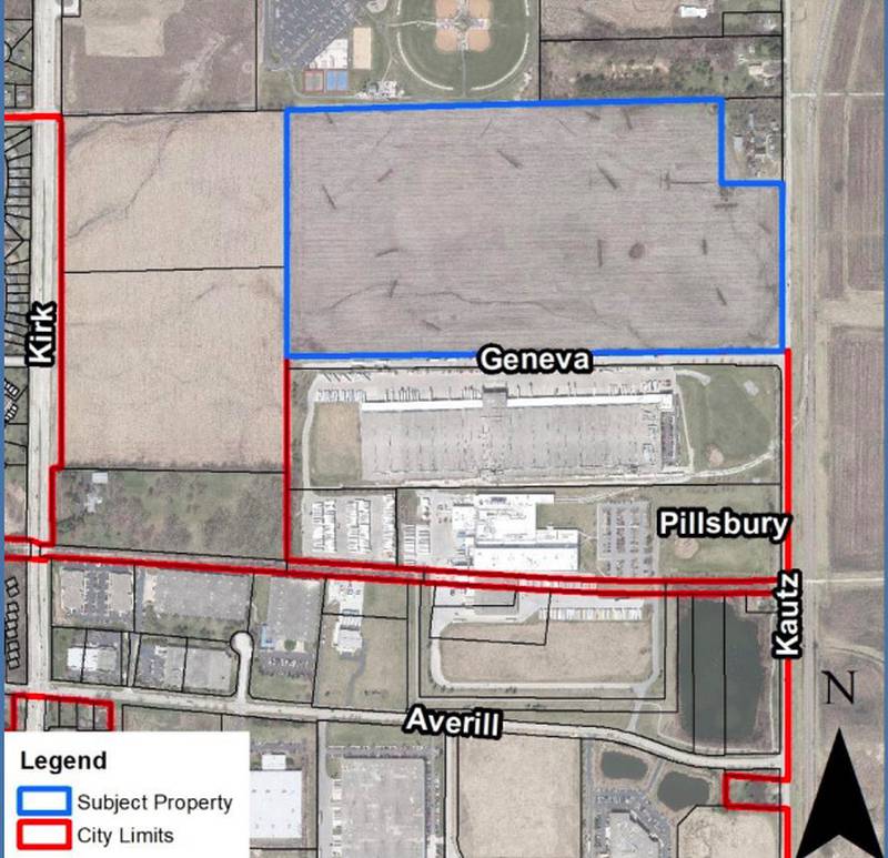 The Fox Valley Commerce Center will be located on the northwest side of Kautz Road and Geneva Drive. Geneva aldermen approved the annexation of more than 75 acres and a zoning change to allow warehouse distribution center to be developed in the area outlined in blue.