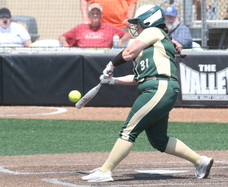 St. Bede's Abby Michels smacks a hit against Illini Bluffs in the Class 1A State championship game on Saturday, June 3, 2023 at the Louisville Slugger Sports Complex in Peoria.