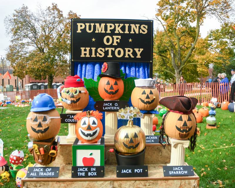 The Dave Aldis Family took first place in the family category in the Sycamore Pumpkin Festival with their Pumpkins of History that is on display at the Sycamore courthouse lawn on Friday Oct. 27, 2023.