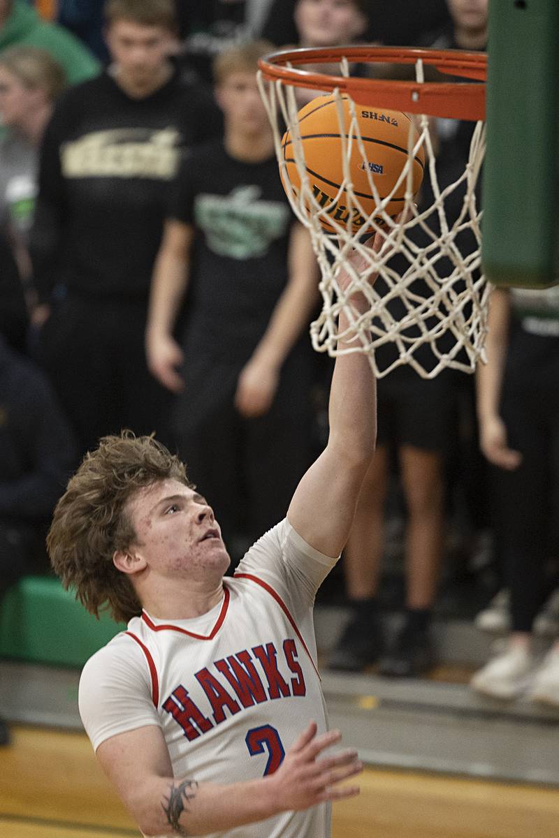 Oregon’s Cooper Johnson lays it in against Rock Falls Wednesday, Feb. 25, 2026, in the Class 2A regional semifinal at Rock Falls High School.