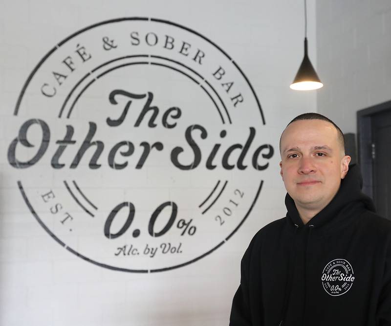 New Directions case manager Joe Ledesma on Wednesday, May 6, 2026, at the Other Side sober bar, in Crystal Lake. Ledesma started a new recovery group on Saturdays at the sober bar. The recovery group uses Buddhist ideologies to help overcome addiction.