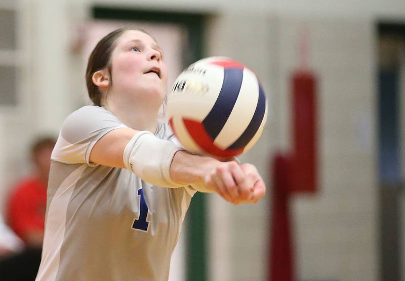 Princeton libero Camry Driscoll returns a serve from L-P on Tuesday, Aug. 26, 2025 in AJ Sellett Gymnasium at L-P High School.