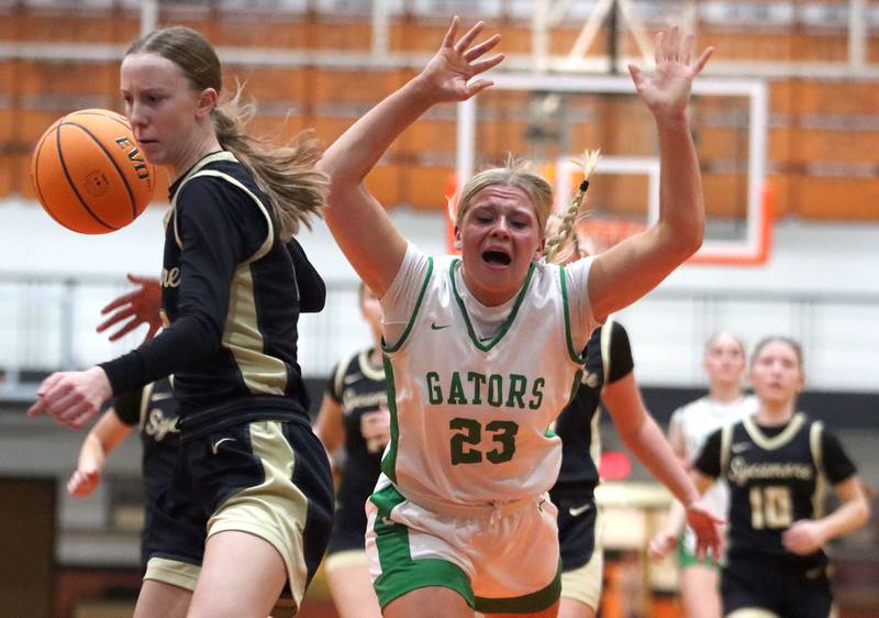 Crystal Lake South’s Laken LePage gets tripped up after being fouled by Sycamore’s Sadie Lang, left, in girls IHSA Class 3A Sectional basketball on Tuesday, Feb. 24, 2026, at Crystal Lake Central High School in Crystal Lake.