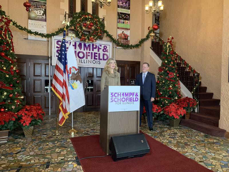McHenry County Board member Carolyn Schofield, R-Crystal Lake, announces she is running for lieutenant governor as Republican candidate for governor Paul Schimpf's running mate at a campaign event in Crystal Lake on Tuesday, Jan. 11, 2022.