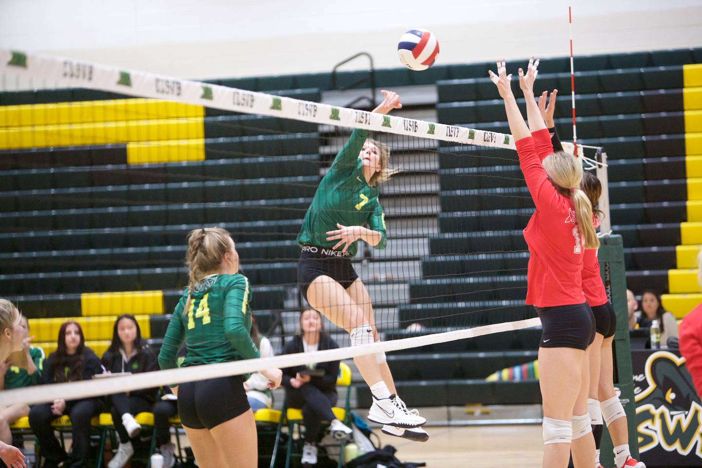 Crystal Lake South's Gabby Wire goes for a kill against Huntley on Thursday, Oct. 20, 2022 in Crystal Lake.