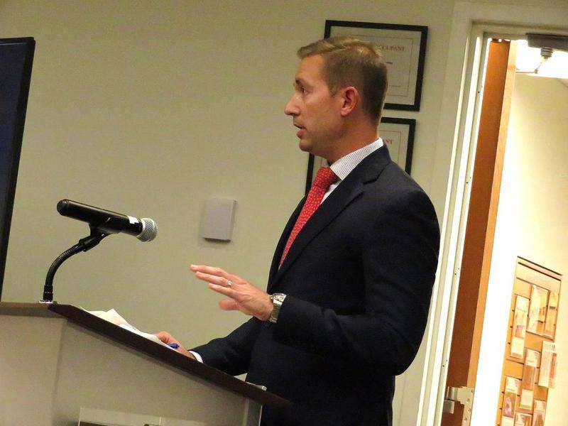 Steve Bauer, attorney for Chicago law firm Meltzer, Purtill and Stelle, LLC now representing Hunter Properties, talks during a Monday, Oct. 12 City Council public hearing at the DeKalb Public Library.