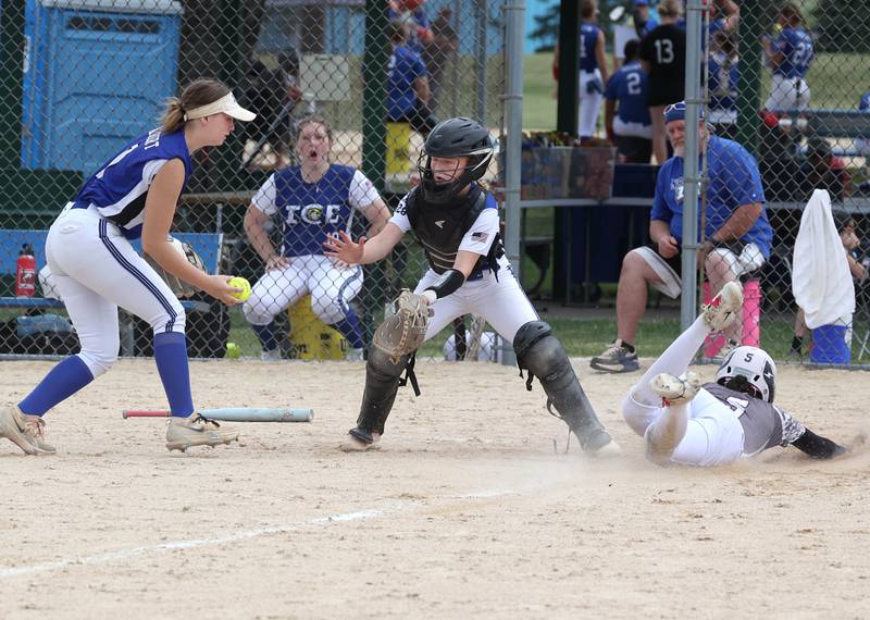Kishwaukee Valley Storm's Alaynna Johnson scores on a suicide squeeze Friday, June 27, 2025, during their 16u game against Northern Ice in the Storm Days tournament at the Sycamore Community Sports Complex.