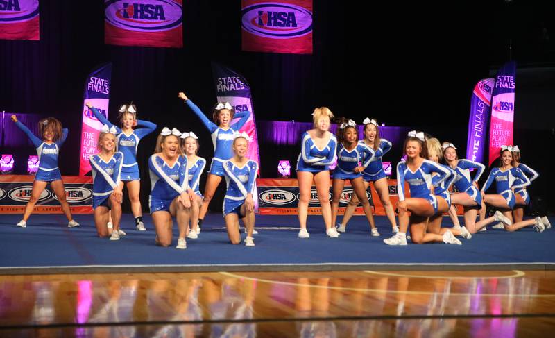 Members of the Burlington Central cheerleading team perform at the Competitive Cheerleading State Final Competition on Saturday, Feb. 3, 2024 at Grossinger Motors Arena in Bloomington.
