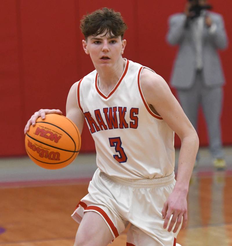 Oregon's Landon Ziller (3) handles the ball against Rockford Lutheran on Friday, Feb. 6, 2026 at the Blackhawk Center.