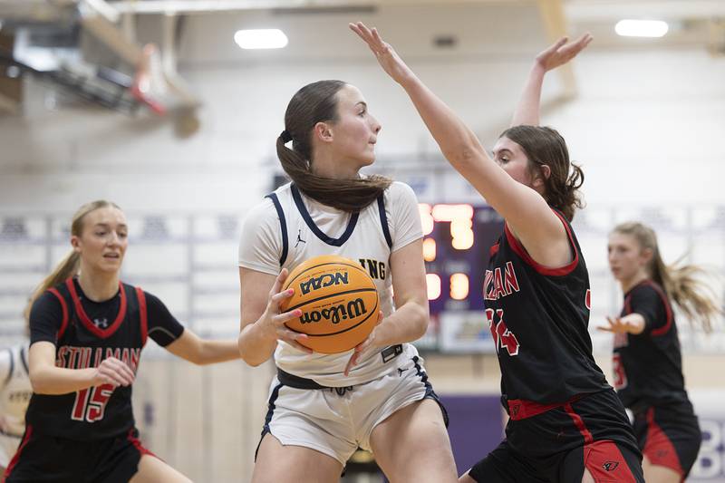 Sterling’s Madison Austin looks to pass while being guarded by Stillman Valley’s Brooke Jordal Friday, Dec. 27, 2024, during the Dixon Girls KSB Holiday Basketball Classic.