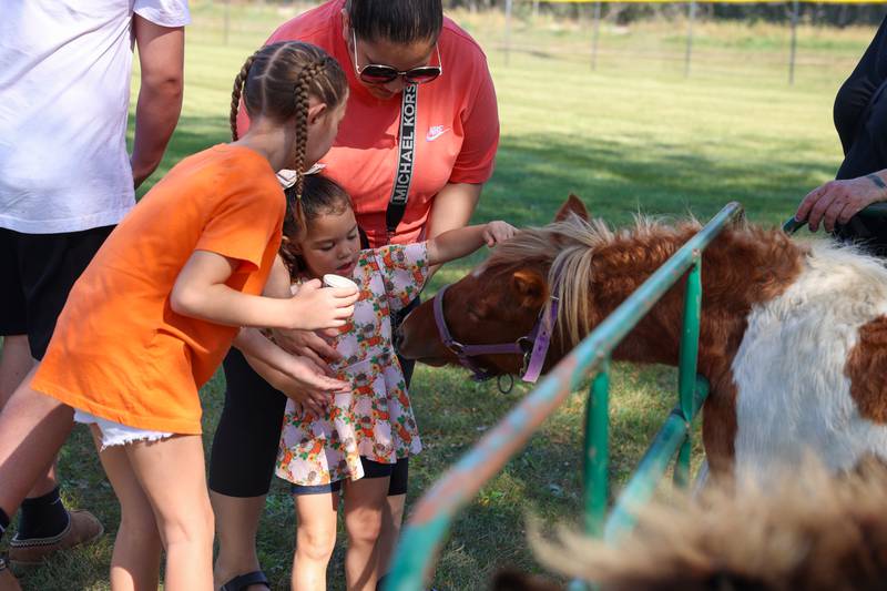 Oaklee Burton, 3, pets a miniature horse named Rose alongside her sister, Kinsley, 9, left, and mother, Jessica, all of Bourbonnais, at the kids zone petting zoo during the St. Anne Pumpkin Festival on Saturday, Oct. 4, 2025.