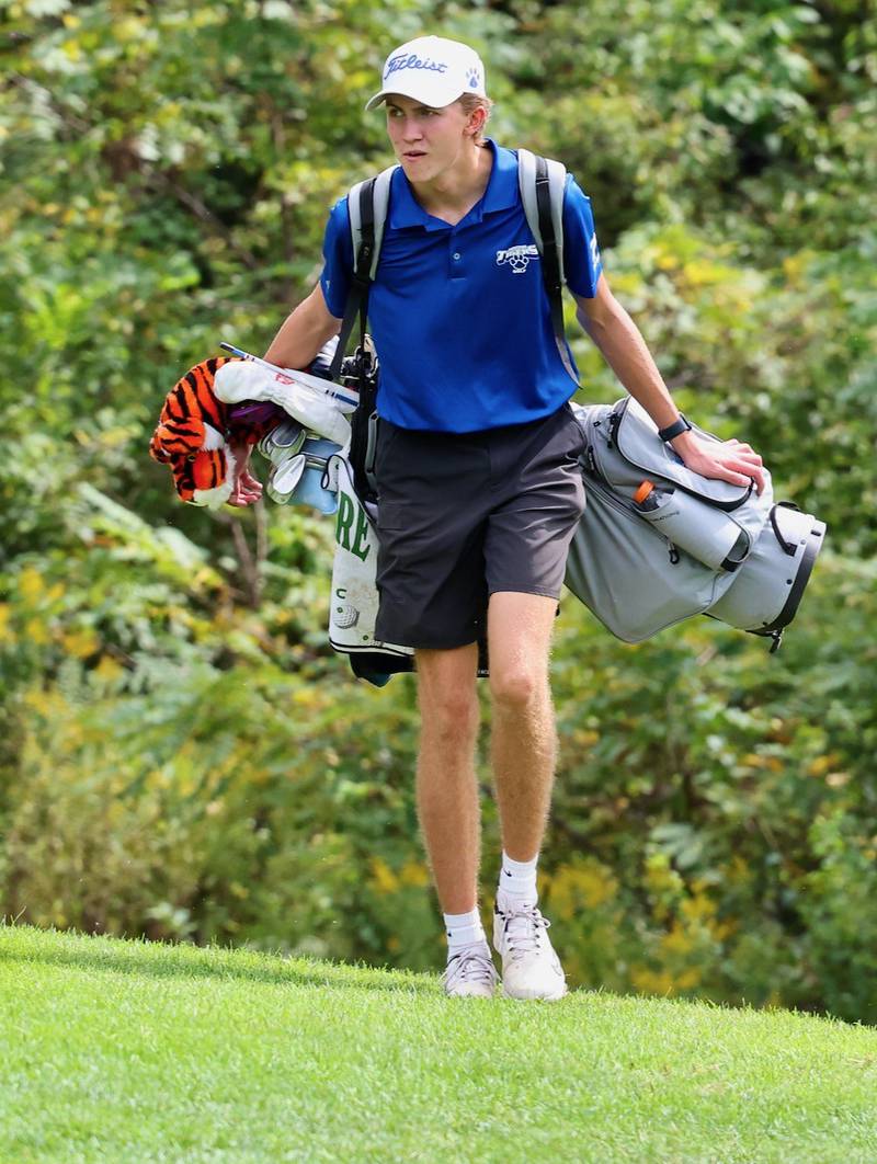 Princeton's Jackson Mason walks the course during the Three Rivers Conference Tournament on Tuesday, Sept. 23, 2025 at Chapel Hill Golf Course in Princeton.