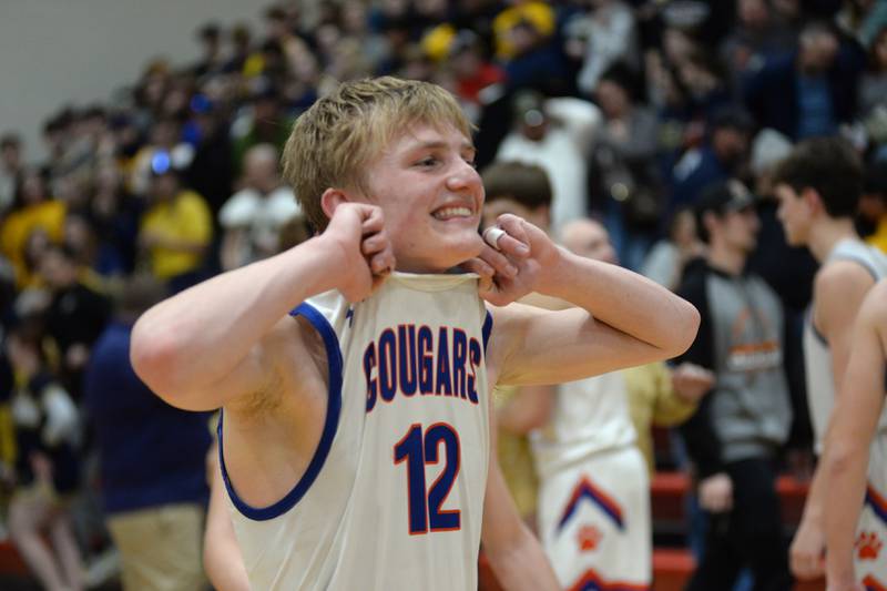Eastland's Adam Awender celebrates after the Cougars defeated Polo for the 1A Forreston Regional on  Friday, Feb. 23, 2024 at Forreston High School.