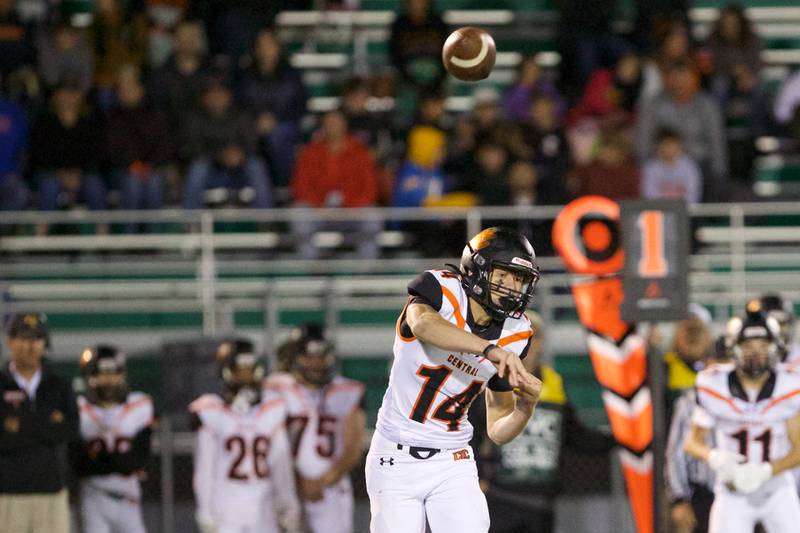 Crystal Lake Central's George Dimopoulos throws for a gain against Crystal Lake South on Friday Sept.30,2022 in Crystal Lake.