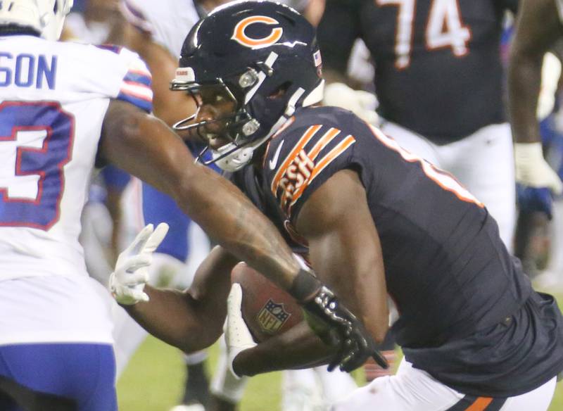 Chicago Bears wide receiver Miles Boykin runs with the ball against the Buffalo Bills on Sunday, Aug. 17, 2025 at Soldier Field in Chicago.