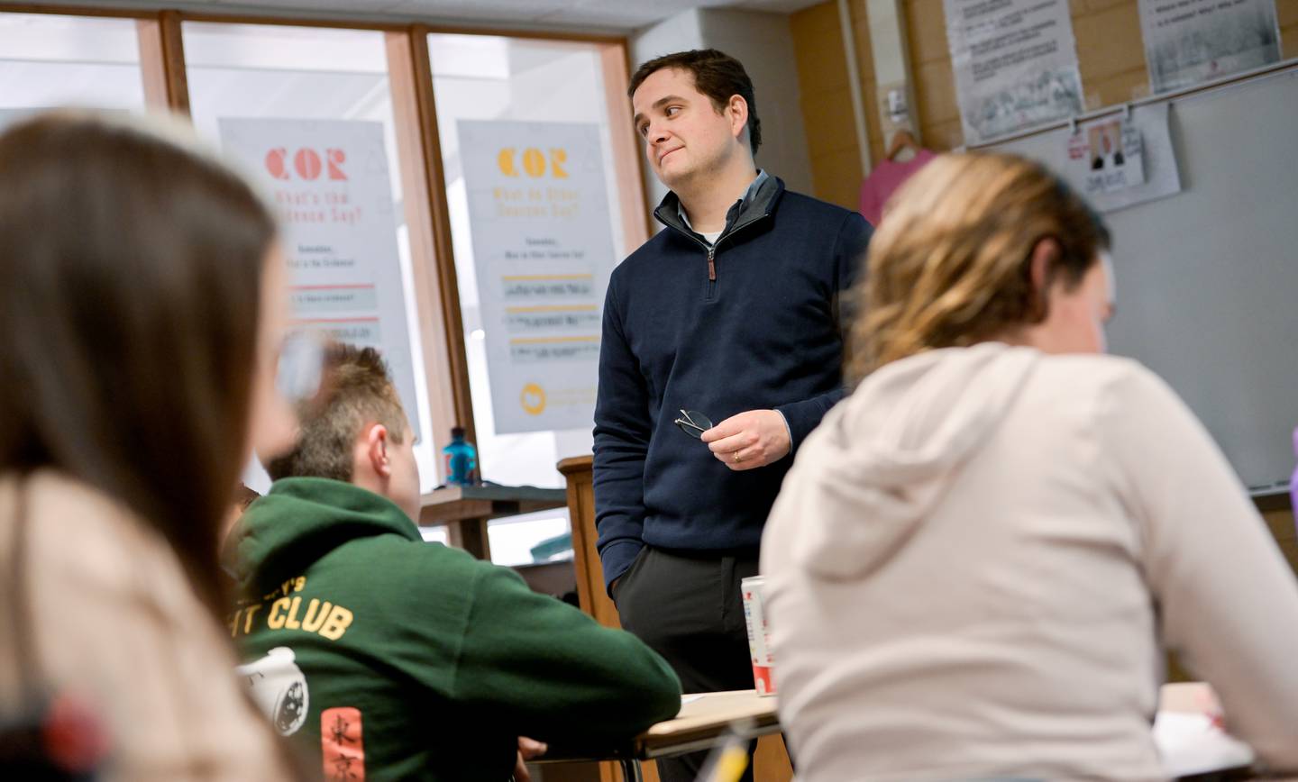 Geneva High School Social Studies Dept. Chair Lucas Rojas who received a $5,000 grant from the Jack Miller Center for the creation of a Wall of Honor for GHS veterans teaches a Government class on Monday, Feb 2, 2026 in Geneva.