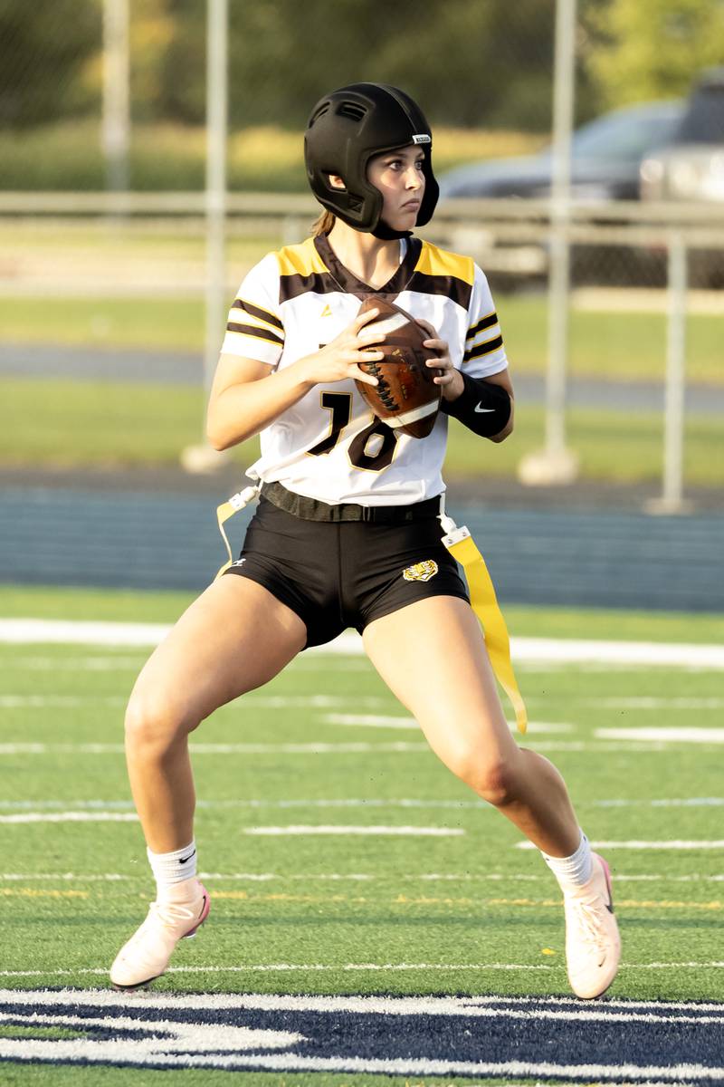 Joliet West's Maya Zanzola accesses the options during a game against Plainfield South at Plainfield South on Aug. 27, 2025.