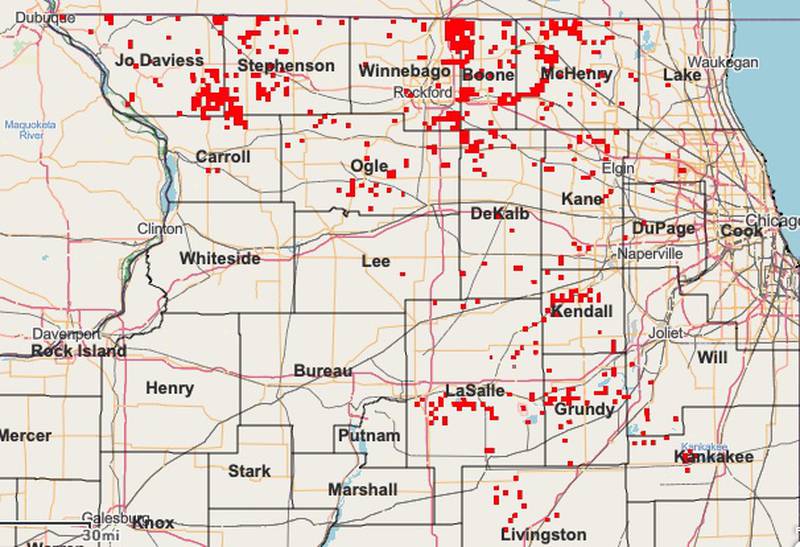 This map from the Illinois Department of Natural Resources shows incidents of chronic wasting disease in northern Illinois deer populations.