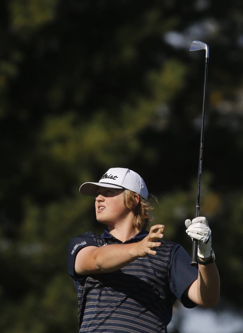 Cary-Grove’s Joseph Boldt watches his tee shot on the eighth hole during the IHSA Class 3A Jacobs Sectional golf tournament on Monday, Oct. 7, 2024, at Randall Oaks Golf Club in West Dundee.