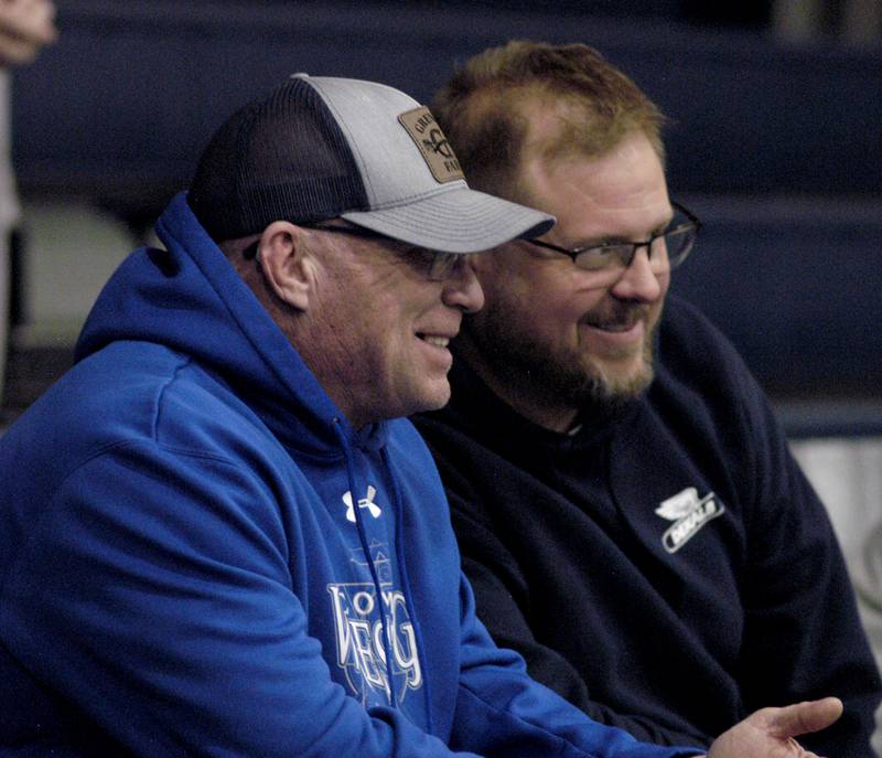 Two Newman fans watch the action. Newman, Princeton and Lena-Winslow grappled at NHS. The meet took place on January 20, 2026.