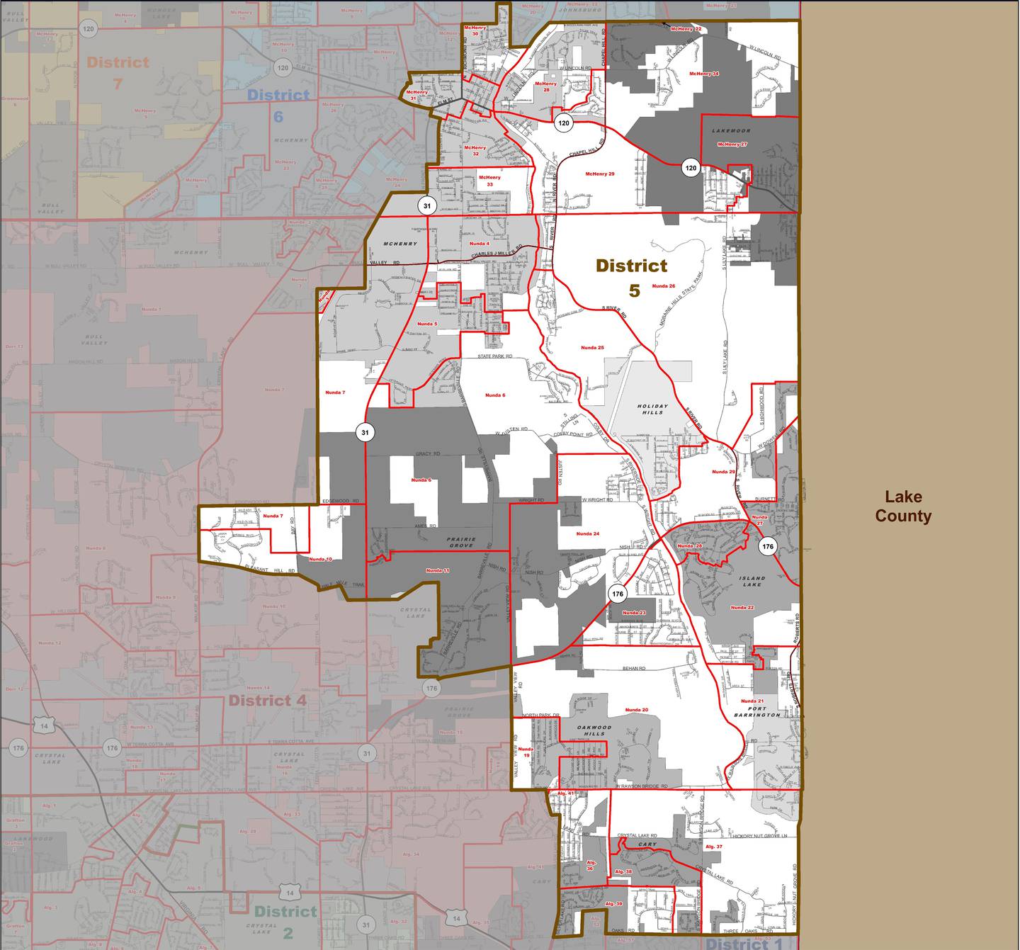The newly redrawn McHenry County Board District 5 sits on the far east side of the county and includes all or parts of Cary, Crystal Lake, Holiday Hills, Lakemoor, McHenry and Prairie Grove.