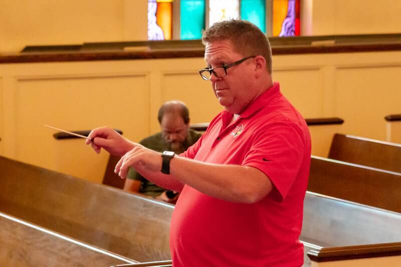 (Illinois State University’s Tuba/Euphonium professor) Andy Rummel conducts the third annual Summertubafest on Sunday, July 28, 2024 at the First Congregational Church in Peru.