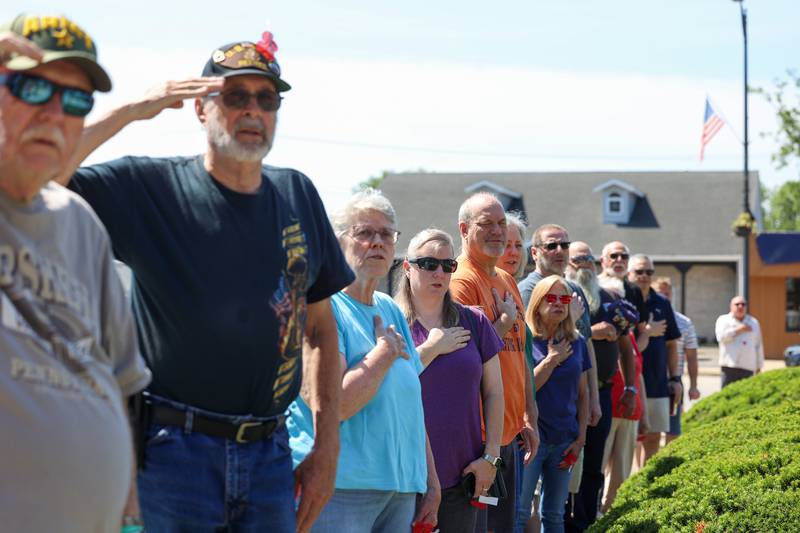 Attendees join in reciting the Pledge of Allegiance during the Bradley American Legion's Memorial Day ceremony on Monday, May 25, 2026.