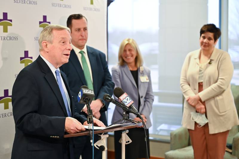 U.S. Sen. Dick Durbin, D-Illinois (front, left) toured the future Amy, Matthew and Jay Vana Neonatal Intensive Care Unit at Silver Cross in New Lenox on Wednesday, April 20, 2022. Durbin spoke about his affinity for newborns who need special care at the hospital following the tour. Pictured in the background is (from left), State Sen. Michael Hastings, D-Frankfort Silver Cross Hospital President and CEO Ruth Colby, and Will County Executive Jennifer Bertino-Tarrant.