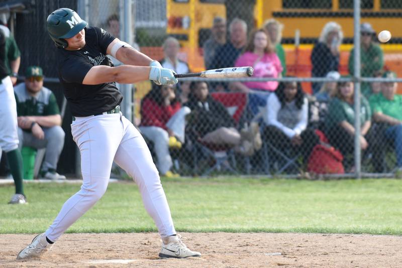 Bishop McNamara's Max Rohr hits a pitch during the Class 2A Beecher Sectional semifinals against Manteno Thursday, May 29, 2025.