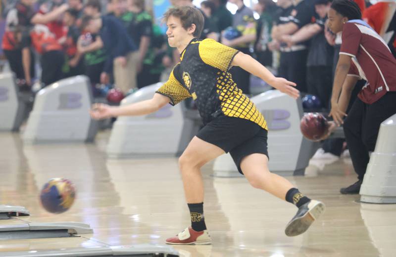 Reed Custer's Aiden Brown bowls on Friday, Jan. 16, 2026 at the Illinois Valley Super Bowl in Peru.