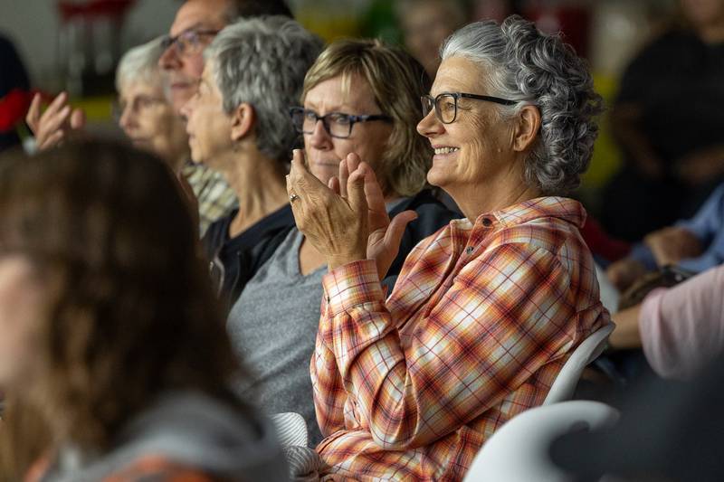 Andrea Griswold applauds dancers after their performance at the 'Where Our Paths Meet' screening event on Sunday, Sep 7, 2025 at Diaz Banquet Center in Mendota.