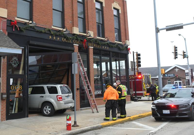 A vehicle crashed into the Ogle County Brewery in downtown Oregon early Sunday afternoon after being struck by another vehicle at the intersection of Illinois 64 and Illinois 2. No injuries were reported.