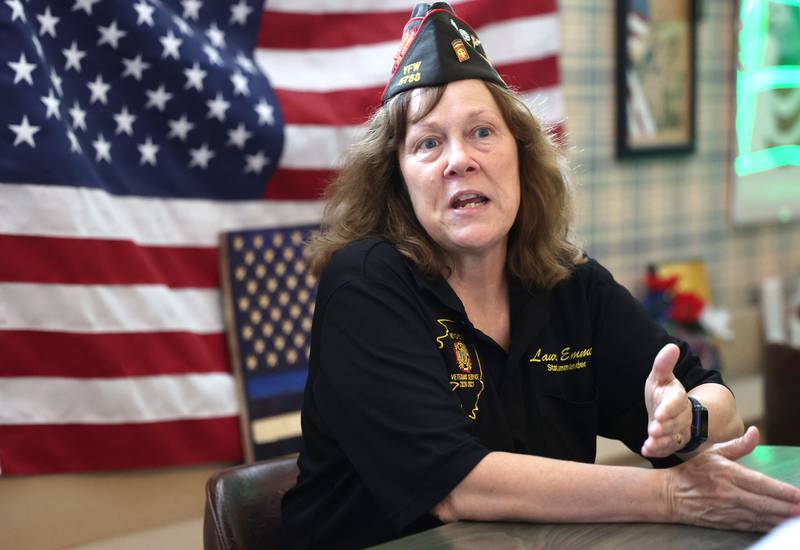 DeKalb County Board member and U.S. Army veteran Laurie Emmer, first woman to command the Illinois Veterans of Foreign Wars, talks Wednesday, Oct. 4, 2023 in the Sycamore Veterans Club about what her term as the state commander was like.