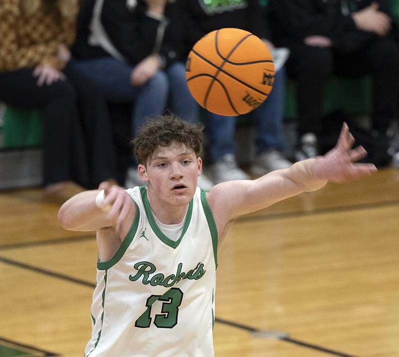 Rock Falls’ Ryken Howard makes a pass against Oregon  Friday, Jan. 10, 2025, at Rock Falls High School.