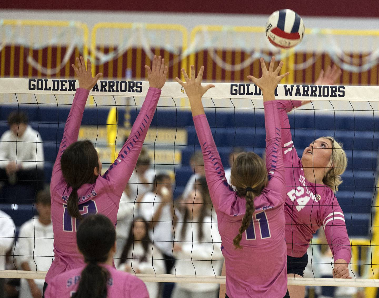 Sterling’s Carley Sullivan hammers a shot against Mendota Thursday, Oct. 24, 2024, in Sterling.