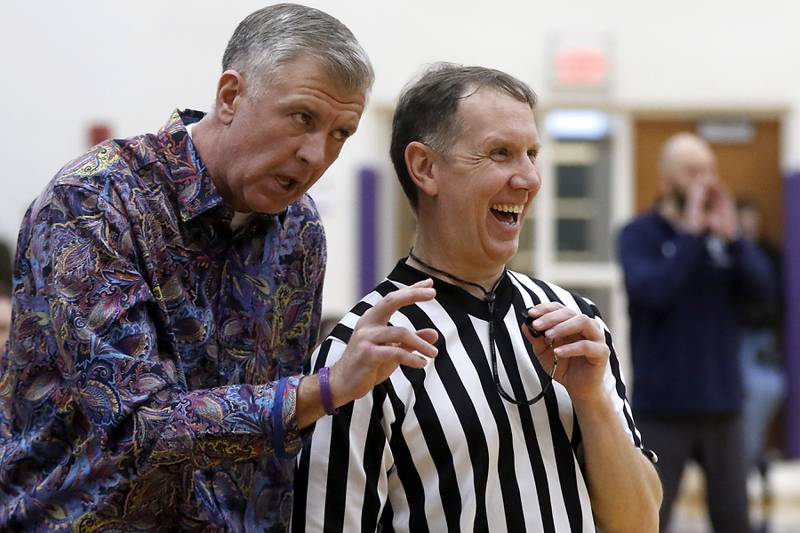 Hampshire coach Eric Samuelson argues a referee’s call during a Fox Valley Conference girls basketball game against Cary-Grove  Friday, Jan. 26, 2024, at Hampshire High School.