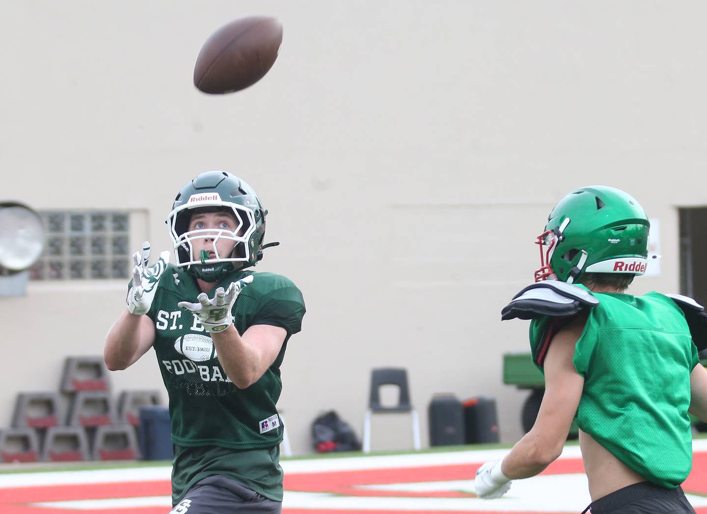 St. Bede's Trajan Raffety makes a catch against L-P during a joint practice on Monday July 21, 2025 at Howard Fellows Stadium.