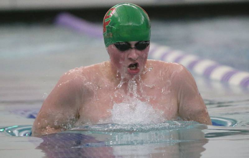 L-P Co-op's Tucker Ditchfield competes in the 100 yard breaststroke event during a triangular meet against Morrison and Olympia on Wednesday, Jan. 22, 2025 at the Illinois Valley YMCA in Peru.