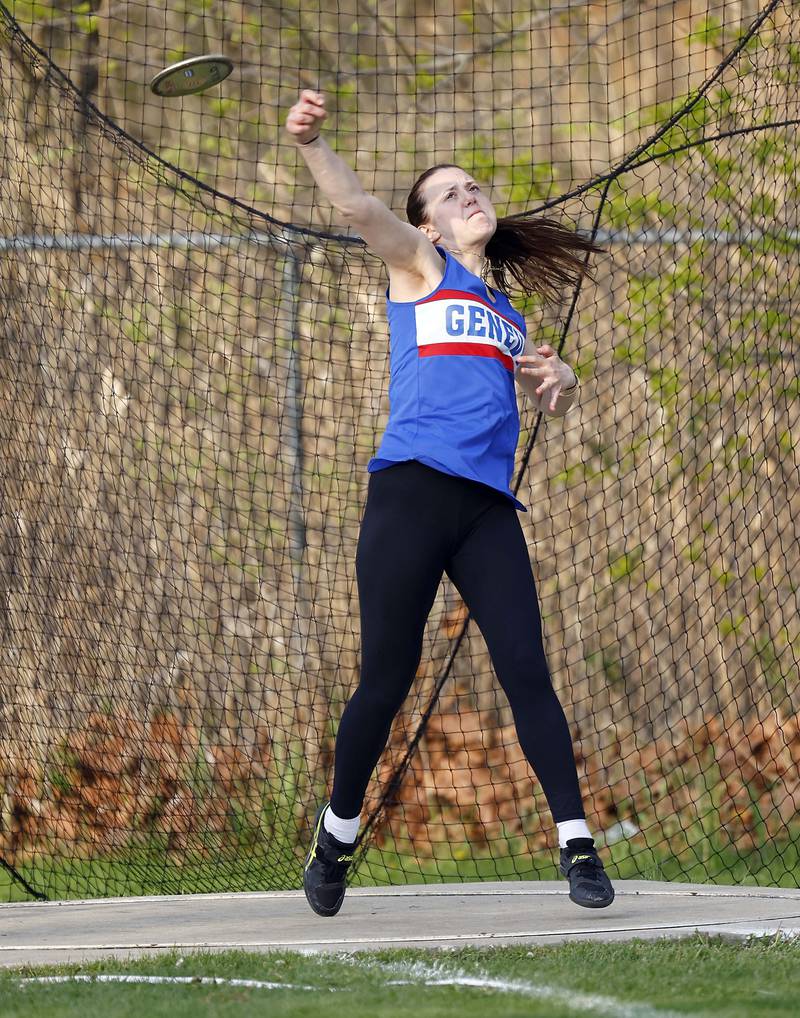 Ryleigh Heskin of Geneva competes in the discus during the Kane County girls track and field meet at East Aurora High School Friday, May 2, 2025 in Aurora Ill. Heskin took second.