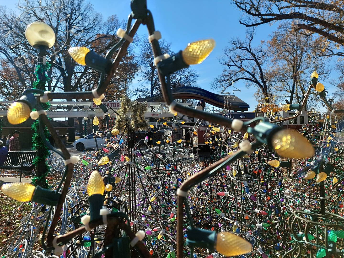 Several Christmas tree light displays are grouped together Saturday, Nov. 11, 2023, prior to volunteers moving them into place for Light Up Streator's grand lighting 6:30 p.m. Saturday, Nov. 25.