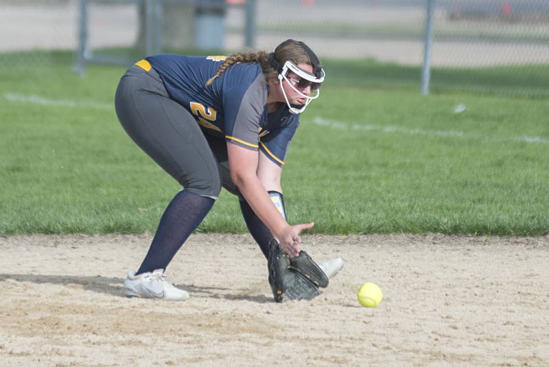 Sterling’s Carley Sullivan fields a grounder at second base against Geneseo Wednesday, May 4, 2022.