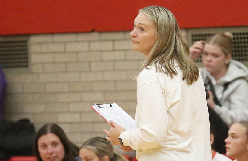 Ottawa volleyball head coach Kristina Kore coaches her team against Pontiac on Tuesday, Sept. 9, 2025 at Kingman Gymnasium.