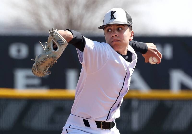 Kaneland's Antonio Villanueva delivers a pitch in relief during their game against DeKalb Saturday, April 12, 2025, at Kaneland High School in Maple Park.