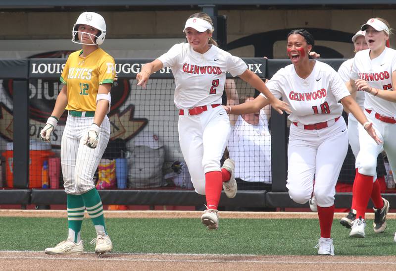 Providence Catholic's Mia Sanfratello reacts as members of the Chatham softball team celebrate winning the Class 3A State championship on Saturday, June 14, 2025 at the Louisville Slugger Sports Complex in Peoria.
